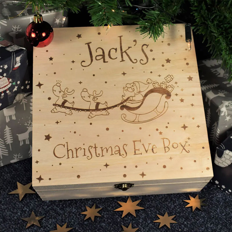 Engraved Santa And His Reindeers Wooden Christmas Eve Boxes for Children