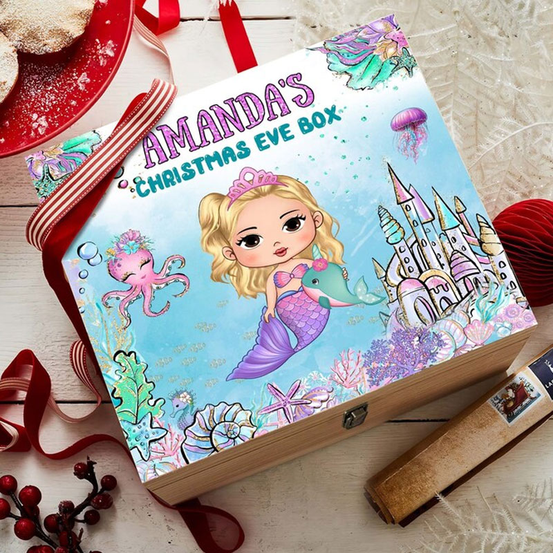 Custom Christmas Wooden Box Mermaid With Name