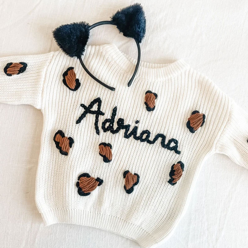 Custom Name Leopard Print Hand Embroidered Sweater