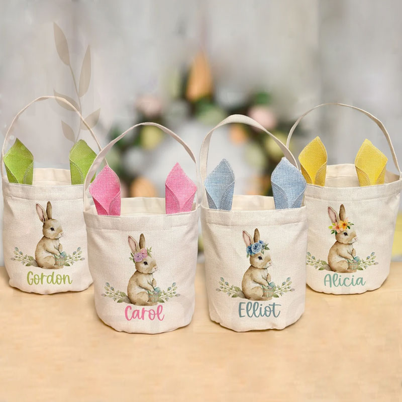 Personalized Easter Basket with Vintage Bunny Print