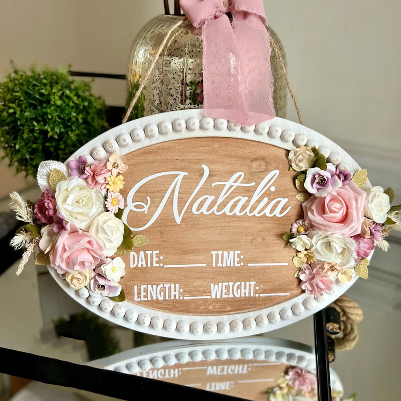 Wood Floral Baby Girl Name Sign
