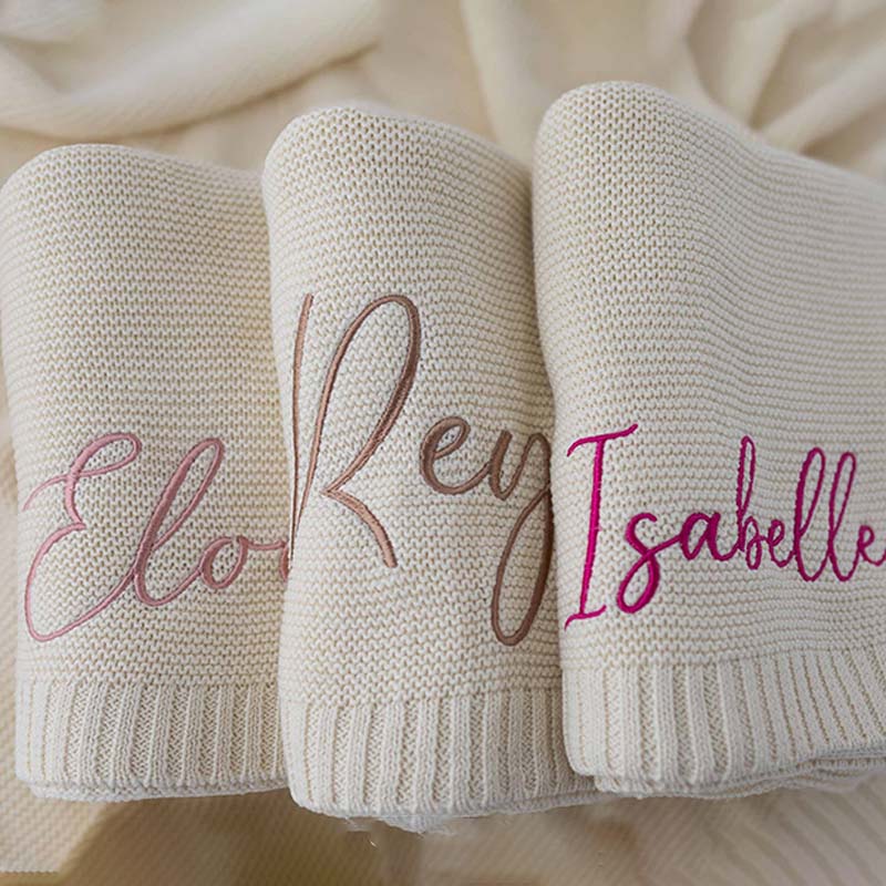 Personalized Knit Baby Blanket Embroidery Gift for Baby Soft Cotton