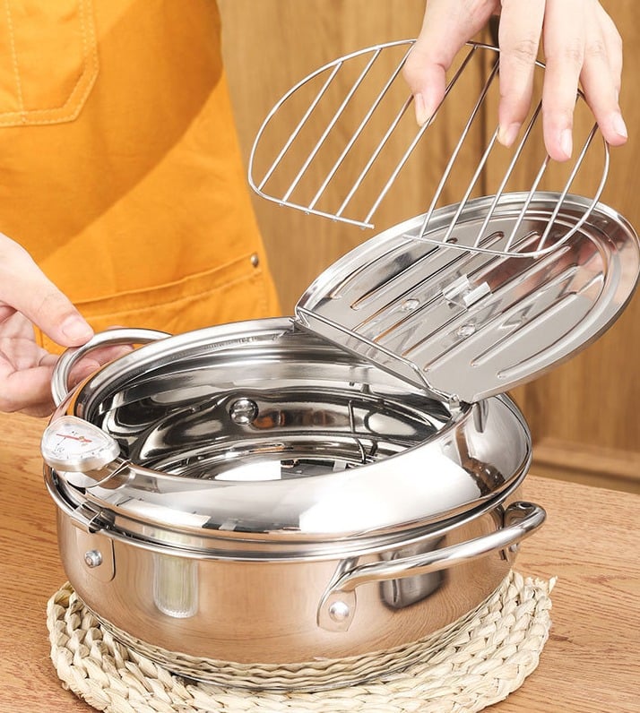 🔥LAST DAY 49% OFF🔥 -Stainless Steel Frying Pot with Thermometer and Oil Drip Drainer Rack🎉