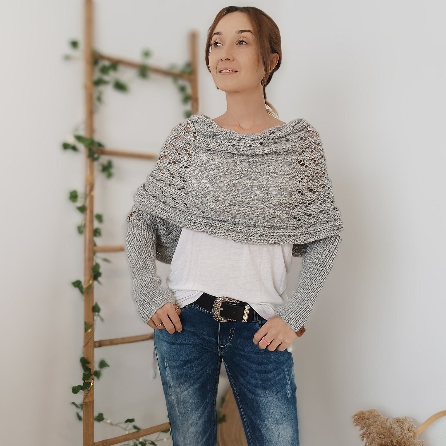 Hollow Knit Shawl With Sleeves