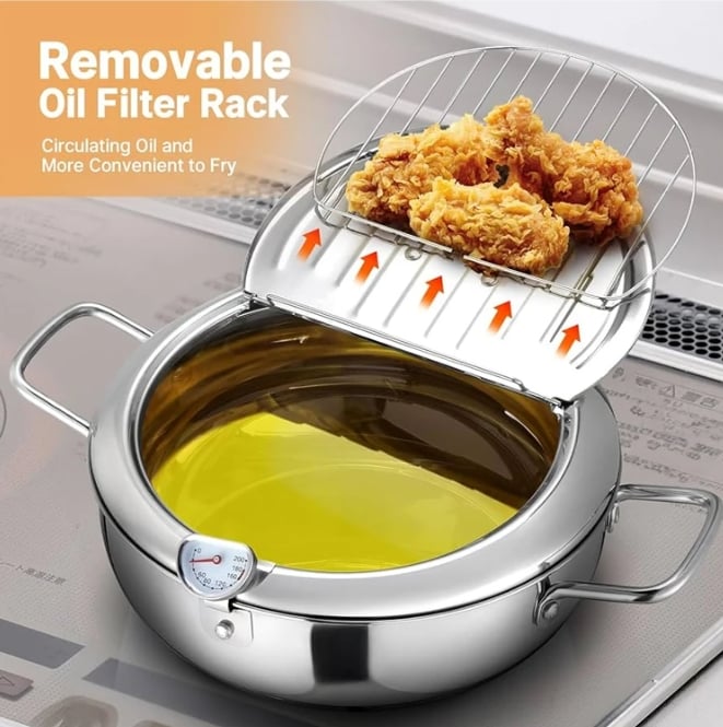 🔥LAST DAY 49% OFF🔥 -Stainless Steel Frying Pot with Thermometer and Oil Drip Drainer Rack🎉