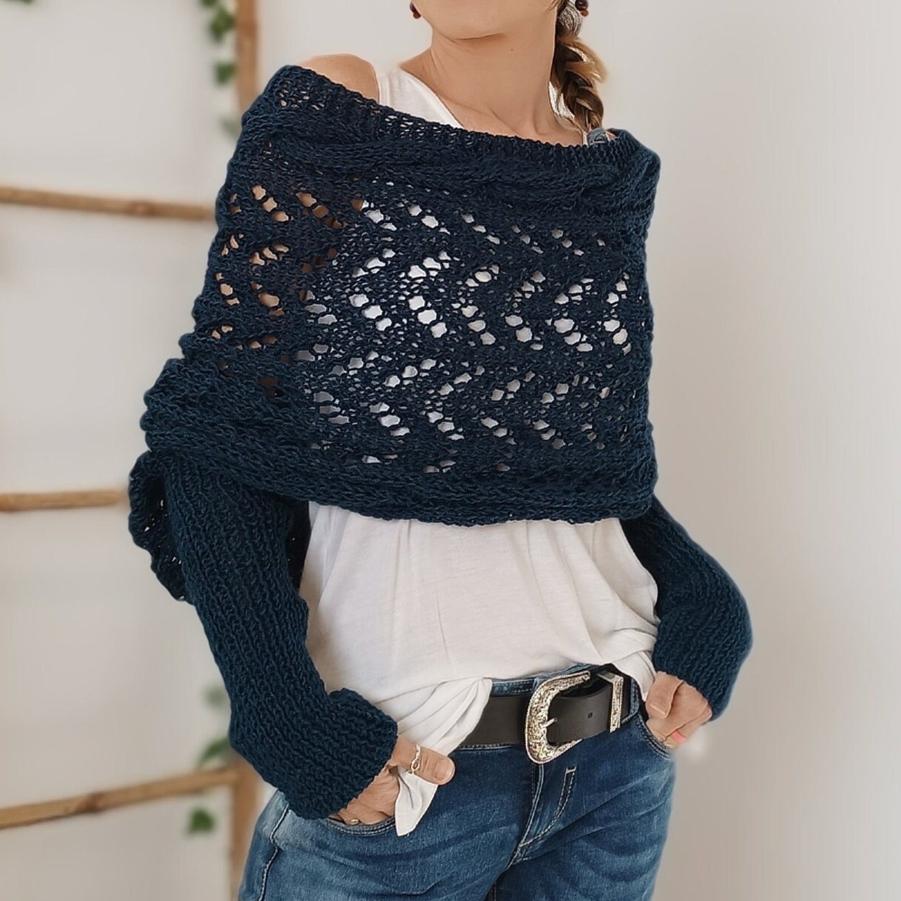 Hollow Knit Shawl With Sleeves
