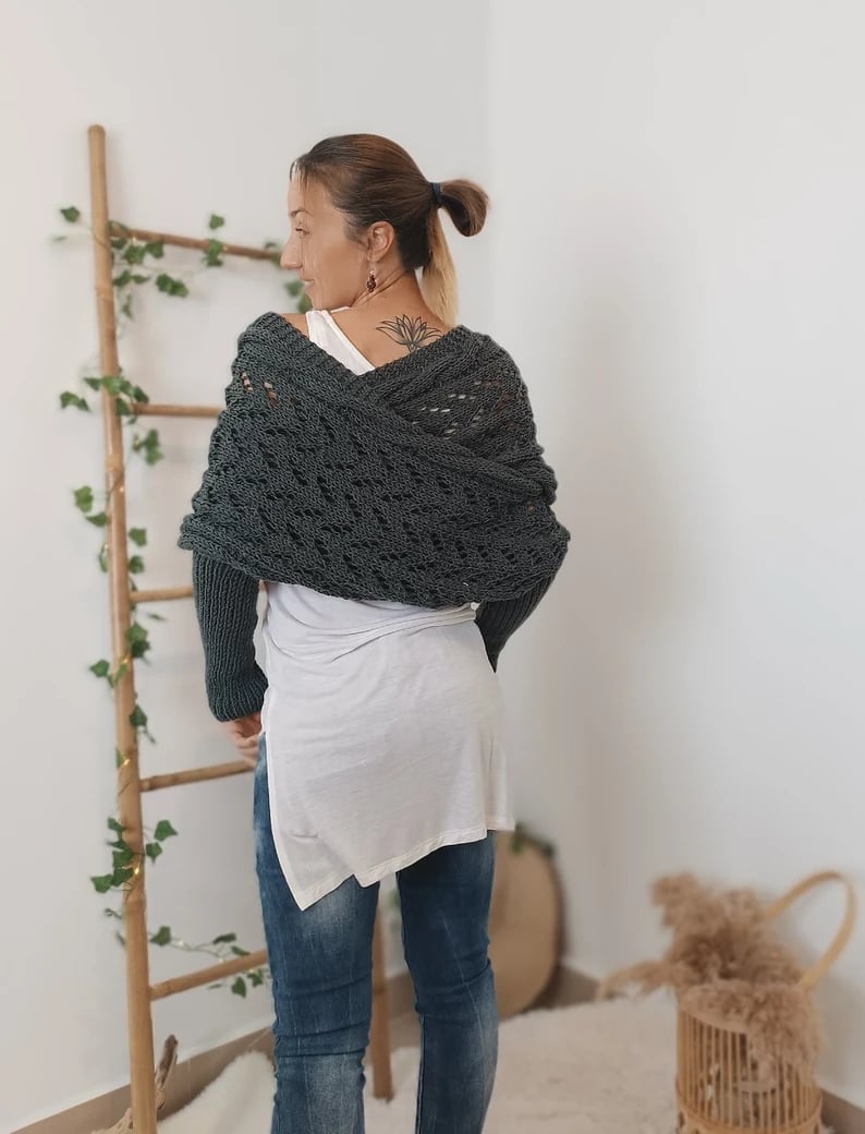 Hollow Knit Shawl With Sleeves