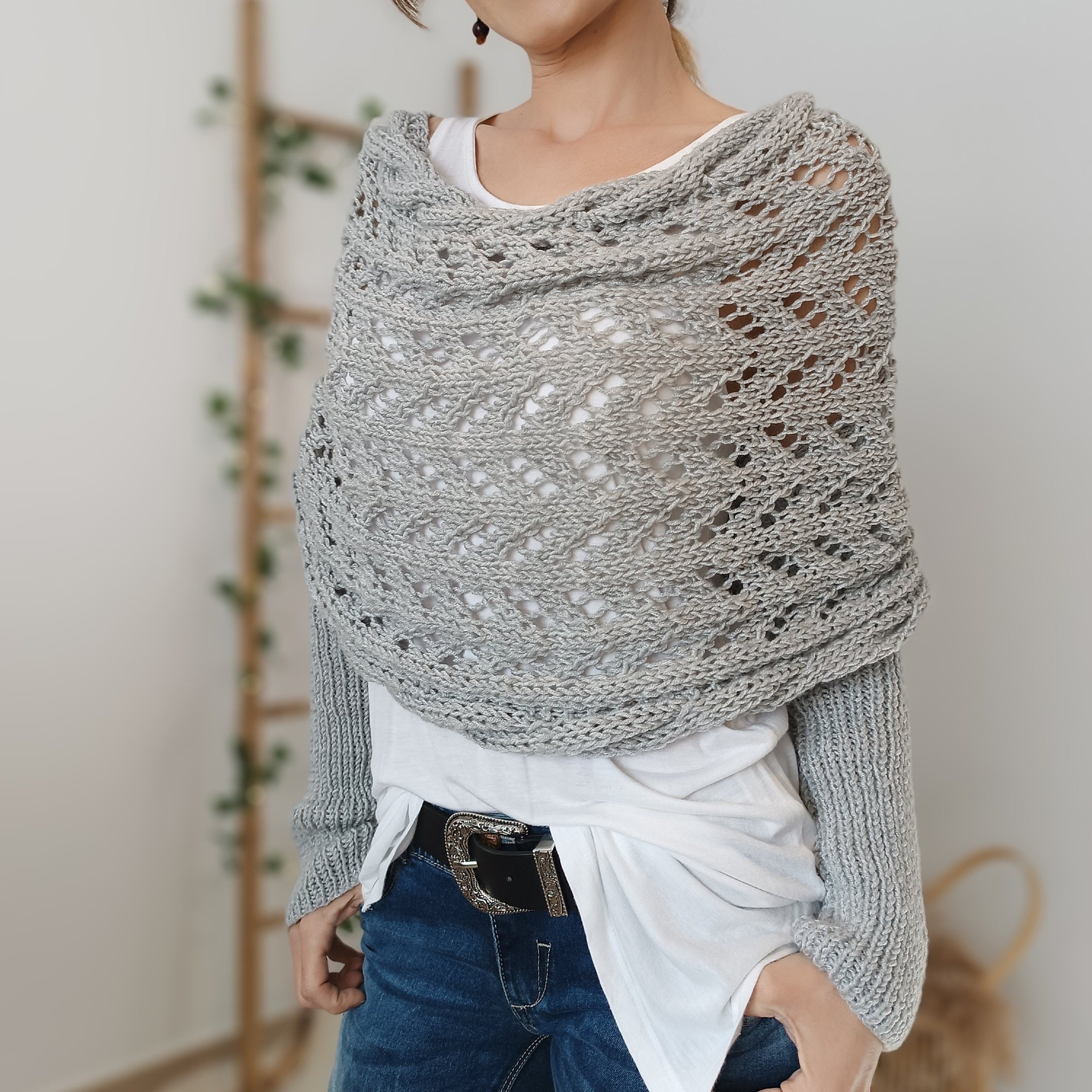Hollow Knit Shawl With Sleeves