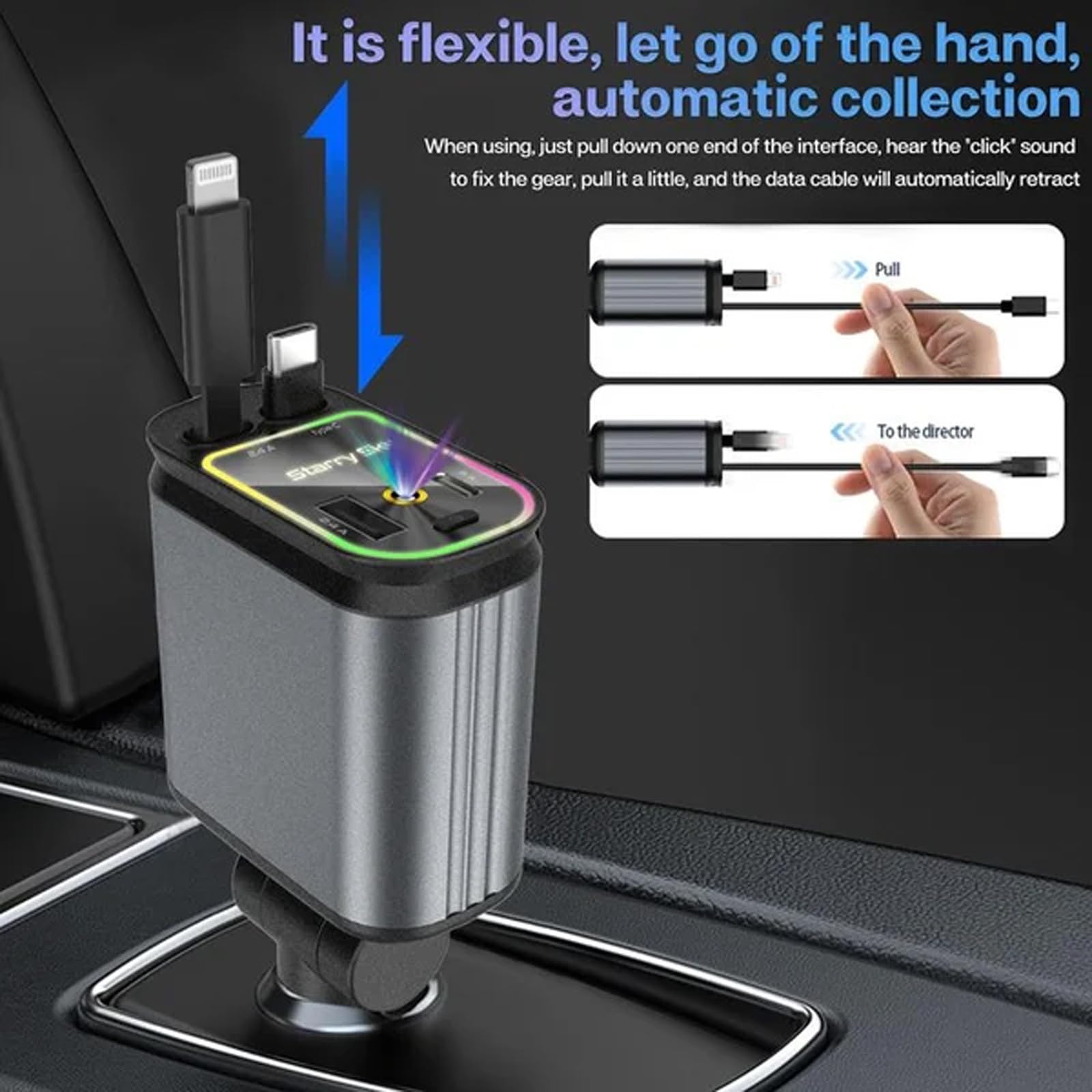 🔥Hot Sale 50% OFF🔥Retractable Car Fast Charger with PD & Lightning Cable
