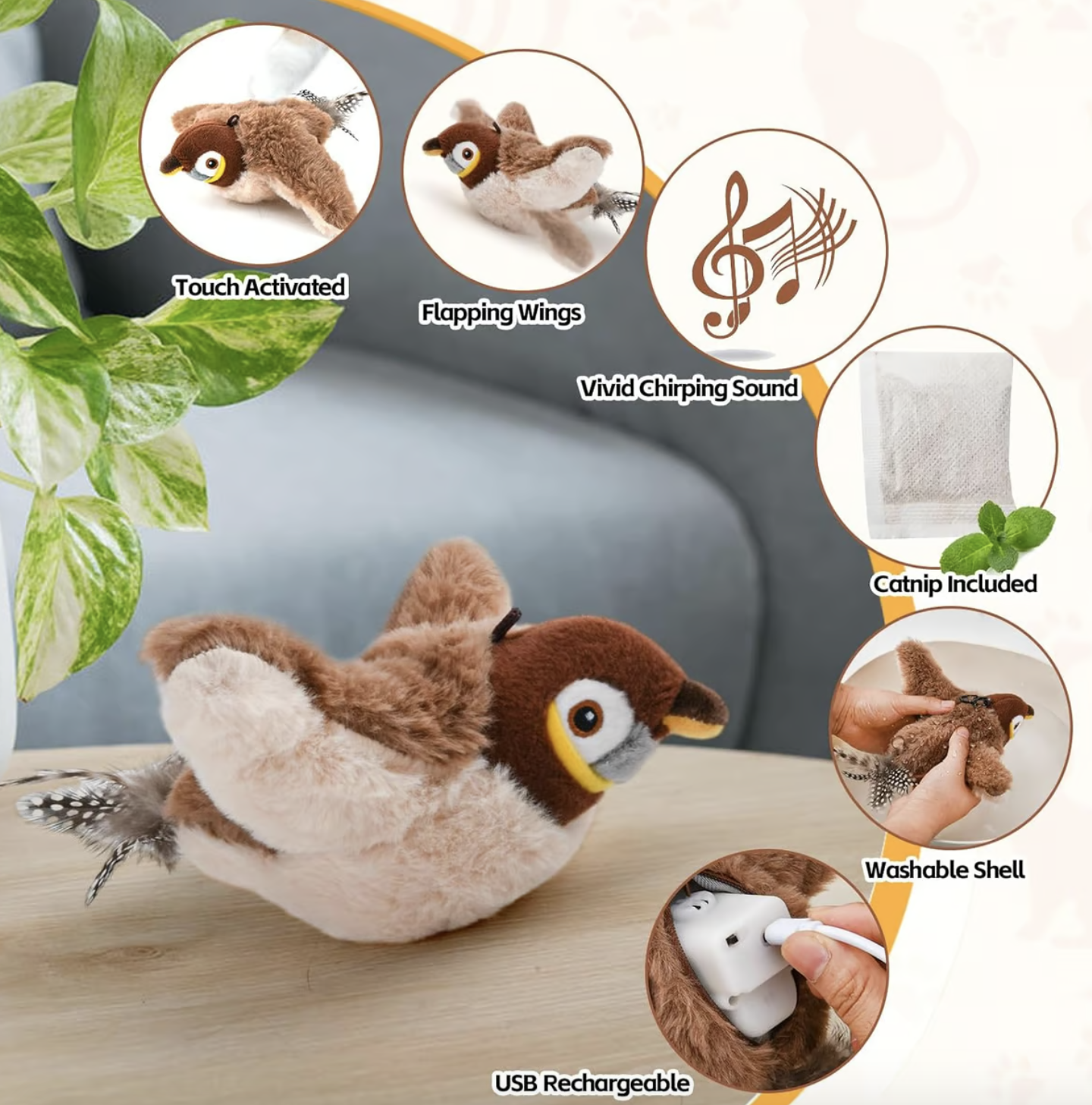 Interactive Chirping Bird That Stimulates Cats' Hunting Interest, No Batteries Required, Usb Charging