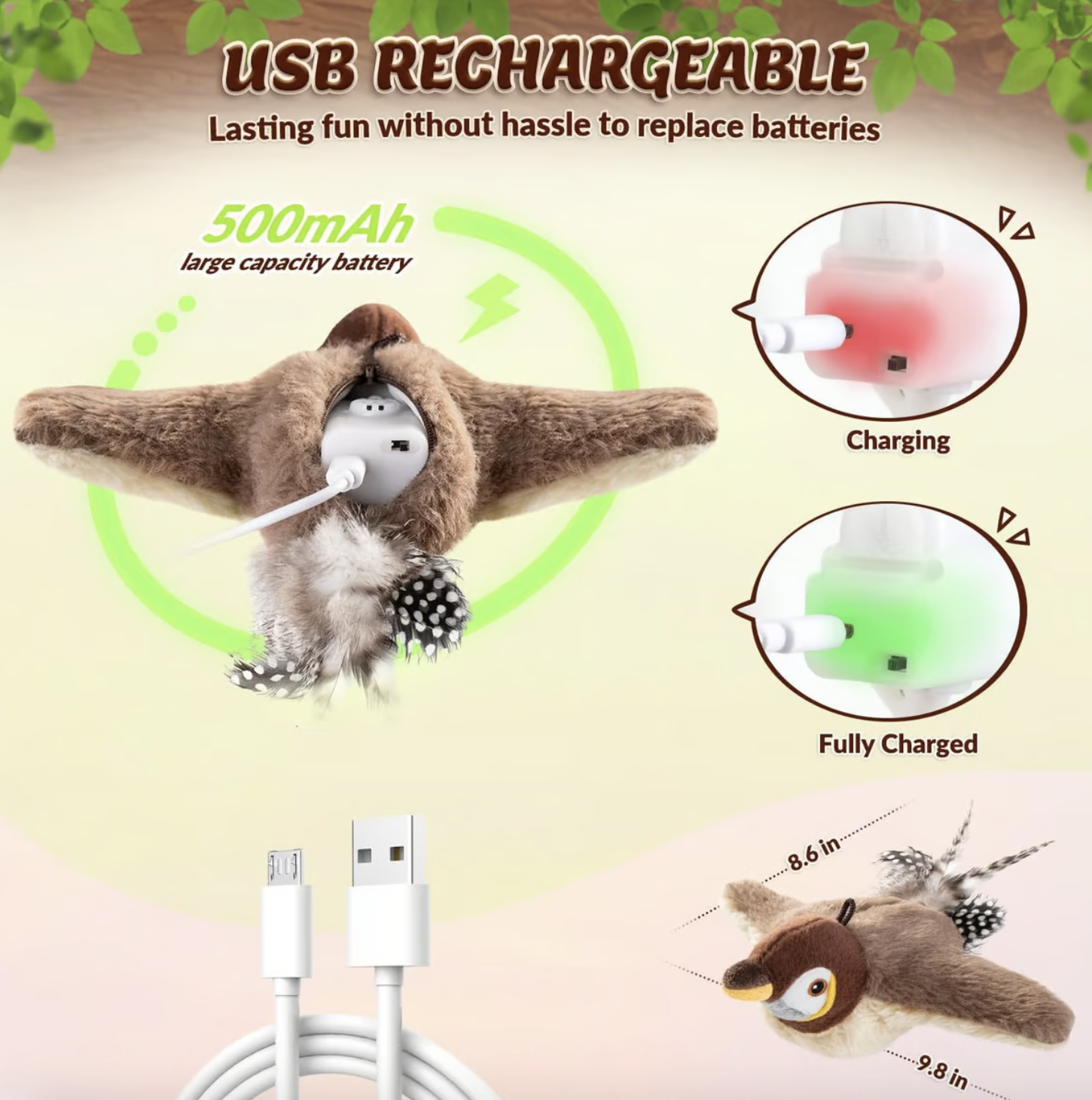 Interactive Chirping Bird That Stimulates Cats' Hunting Interest, No Batteries Required, Usb Charging