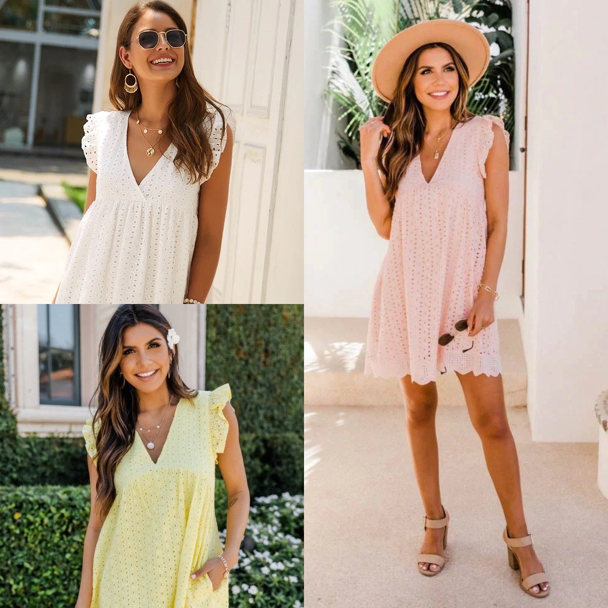 Summer V-neck short-sleeved hollow lace dress