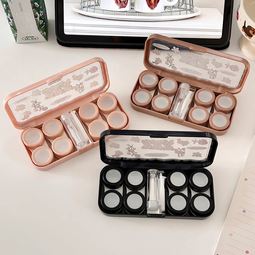 4-Pair Floral Bear Contact Lens Storage Box Case with Mirror
