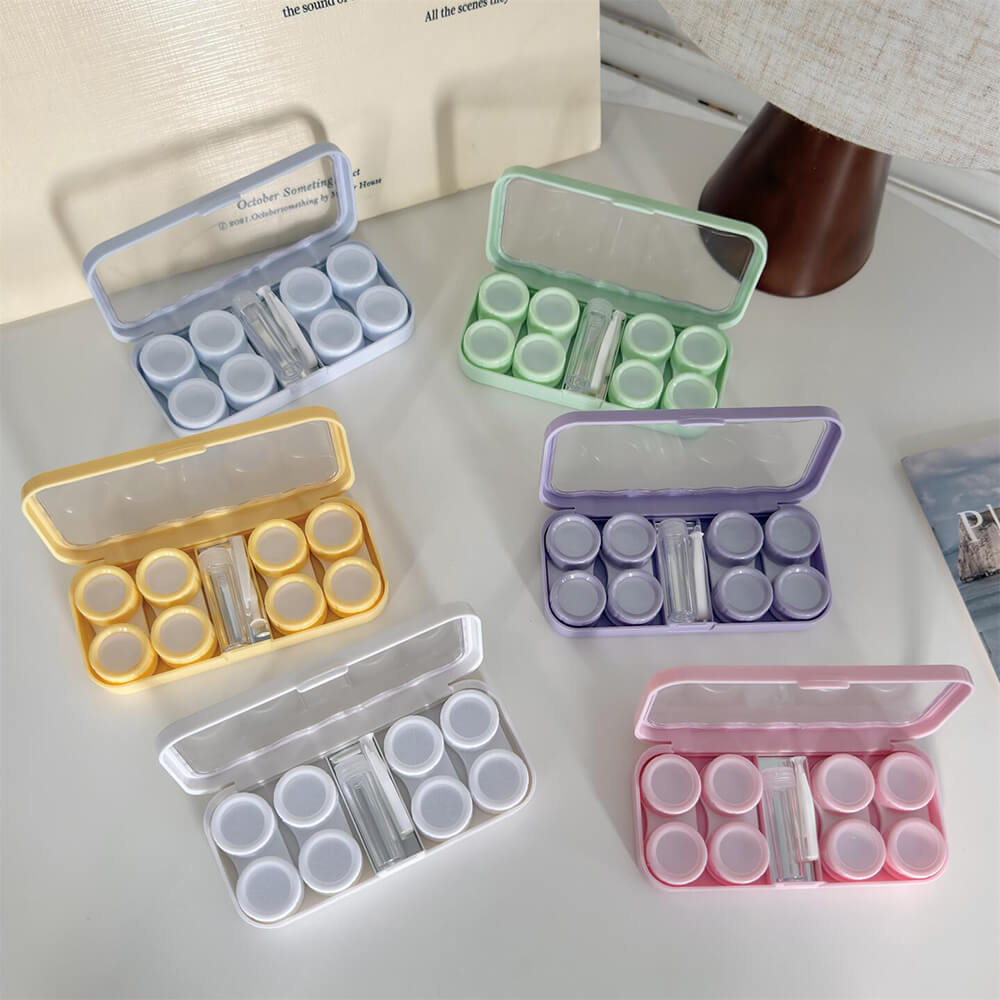 4-Pair Macaron Color Contact Lens Storage Box Case with Mirror