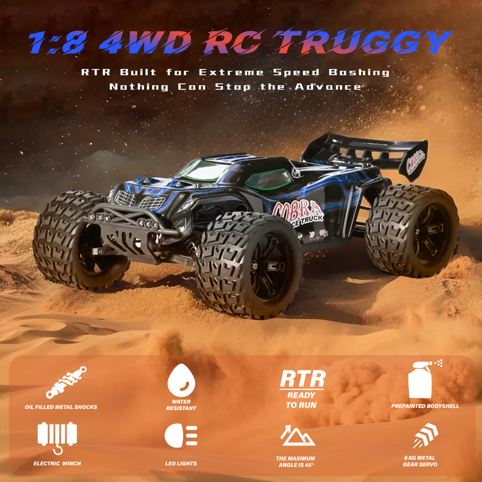 COBRA 1/8 Scale 4WD Off-road Electric RC Truggy 2.4G Brushless High Speed RTR #RH818
