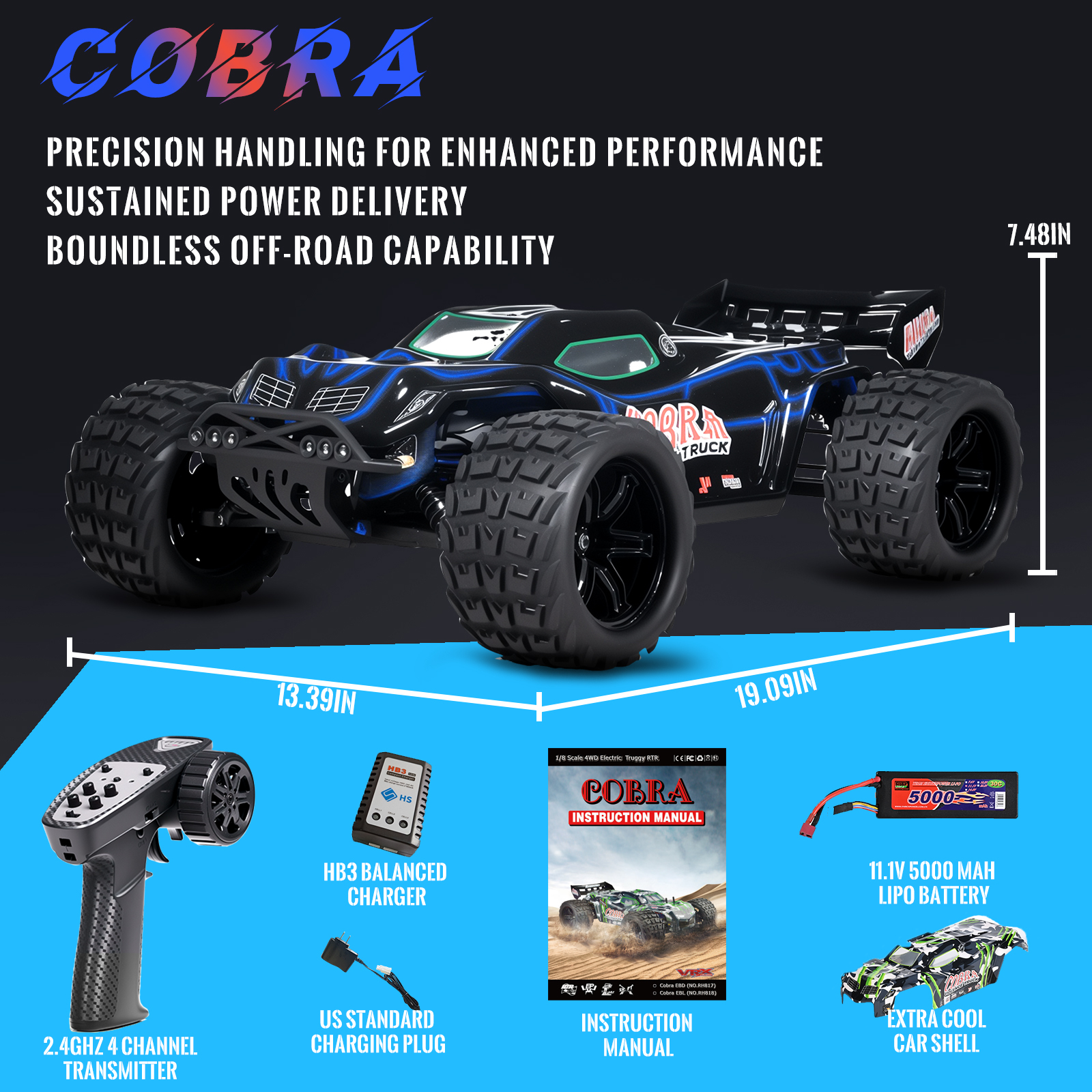COBRA 1/8 Scale 4WD Off-road Electric RC Truggy 2.4G Brushless High Speed RTR #RH818