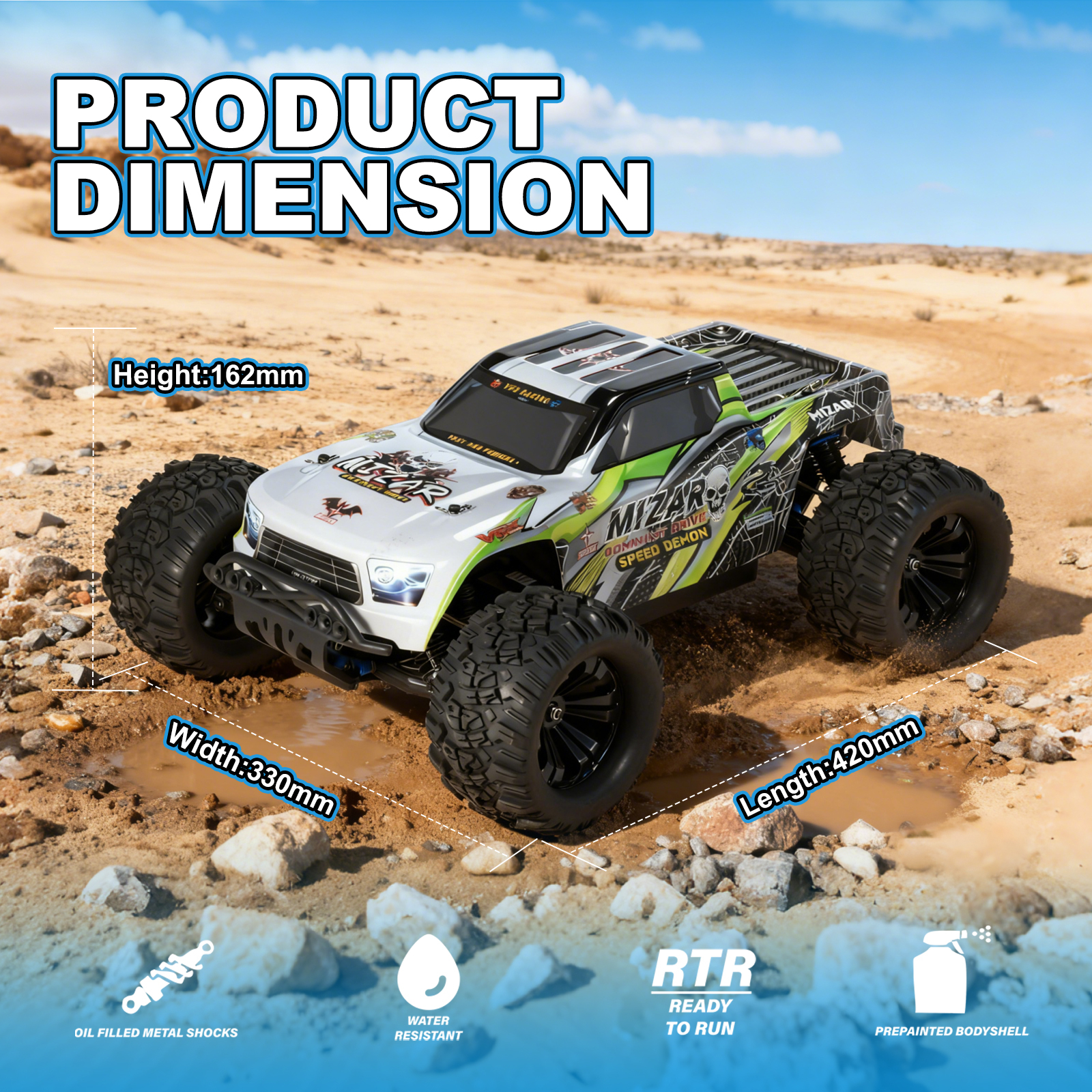 MIZAR 1/10 Scale 4WD Off-road Electric RC Truck 2.4G Brushless High Speed RTR #RH1072