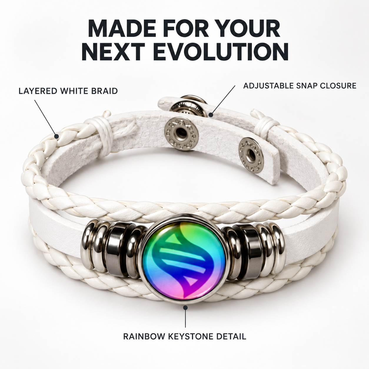White braided bracelet features: layered braid, snap closure, rainbow detail