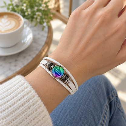 White replaceable keystone bracelet worn with an everyday outfit