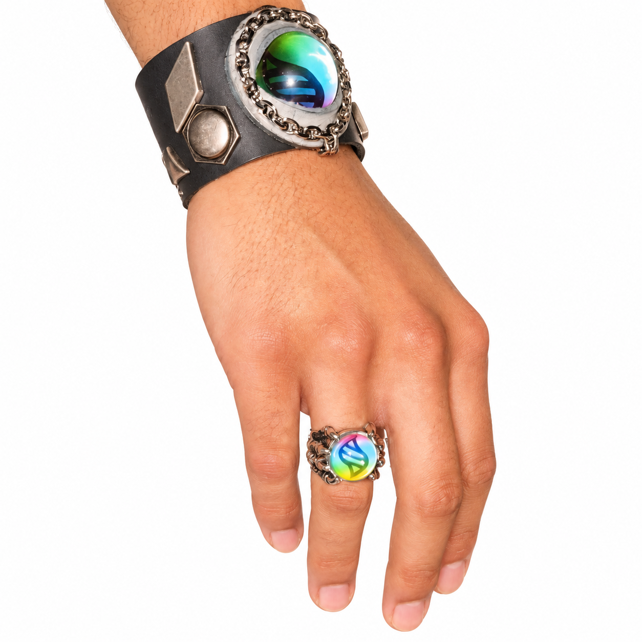 Mega Nexus Bracelet and Ring Set worn together - white-background styling view