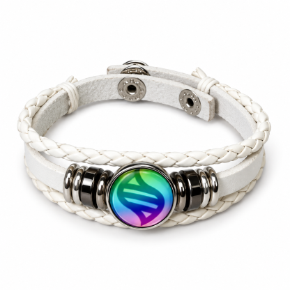 White handmade keystone bracelet on a white background, top view