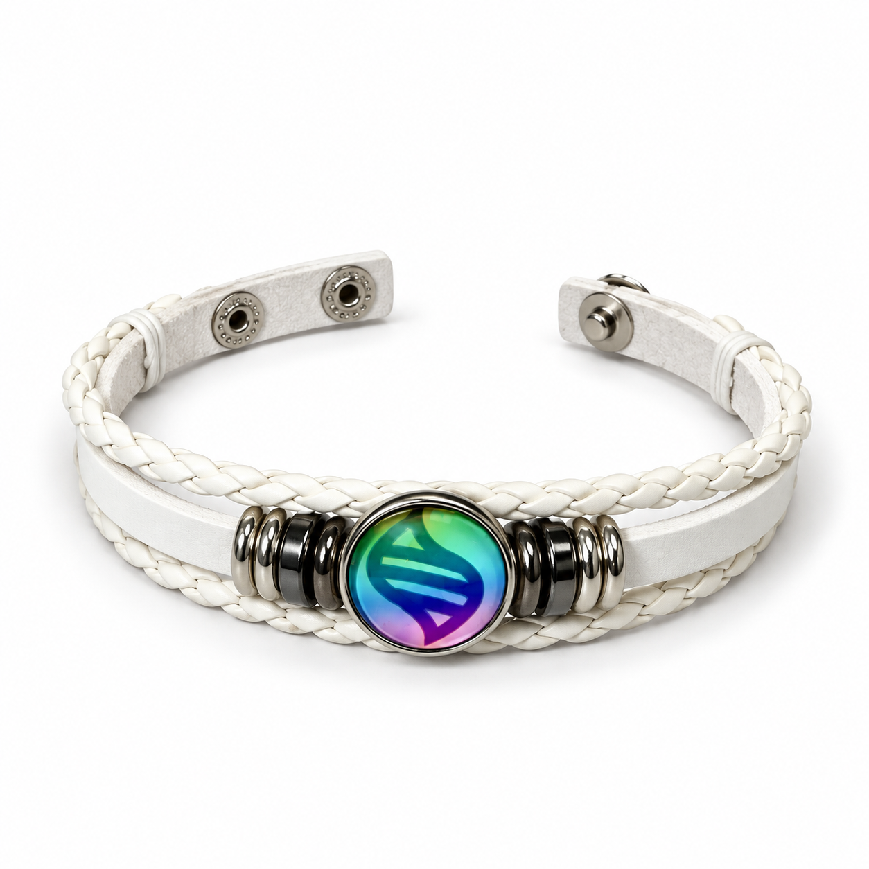 White bracelet opened to show its adjustable snap closure