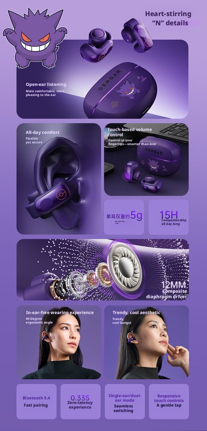 Phantom Purple Open-Ear Clip Earbuds | Ghost-Type Anime Edition