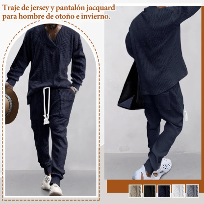 Azulgalaxia™ Conjunto de dos piezas de sudadera con cuello en V de jacquard informal para hombre de otoño e invierno