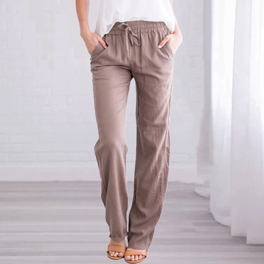 Nuevos pantalones rectos de algodón y lino de color liso para mujer