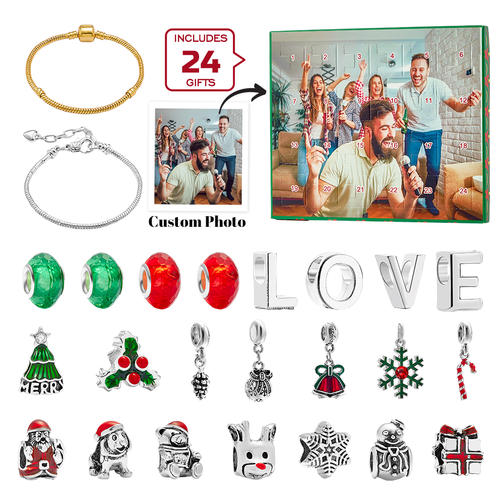 Personalised Photo Jewellery Advent Calendar Photo Charm Christmas Surprise Blind Box Bracelet 24 Calendar Countdown Gift Box Bracelet For Friend