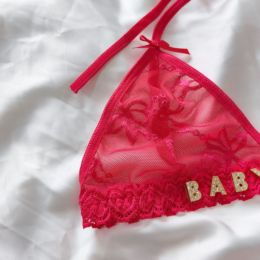 Custom Lace Underwear Set Lingerie And Thongs With Crystal Letter Name Lace Transparent Underwear Gift For Her - soufeeluk