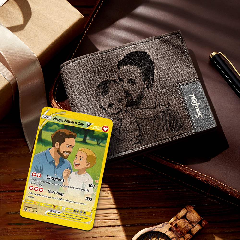 Personalized Wallet Set, Photo Wallet with Engraving Poke Wallet Card for Farther's Day - soufeeluk