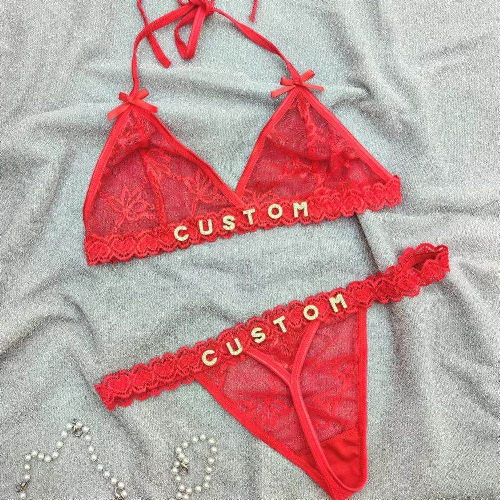 Custom Lace Underwear Set Lingerie And Thongs With Crystal Letter Name Lace Transparent Underwear Gift For Her - soufeeluk