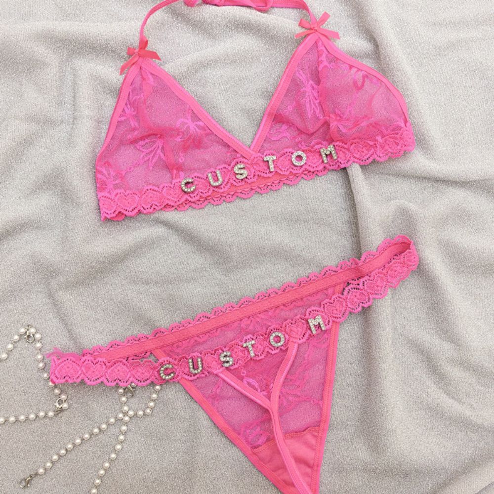 Custom Lace Underwear Set Lingerie And Thongs With Crystal Letter Name Lace Transparent Underwear Gift For Her - soufeeluk