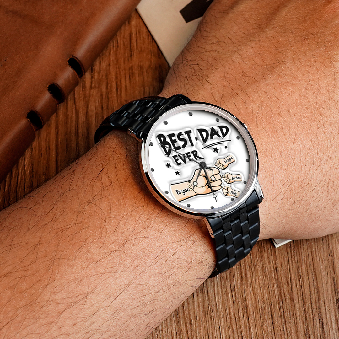 Custom Engraved Watch Men's Black Alloy Watch Holding Hands Bracelet Father's Day Gift for Dad - soufeeluk
