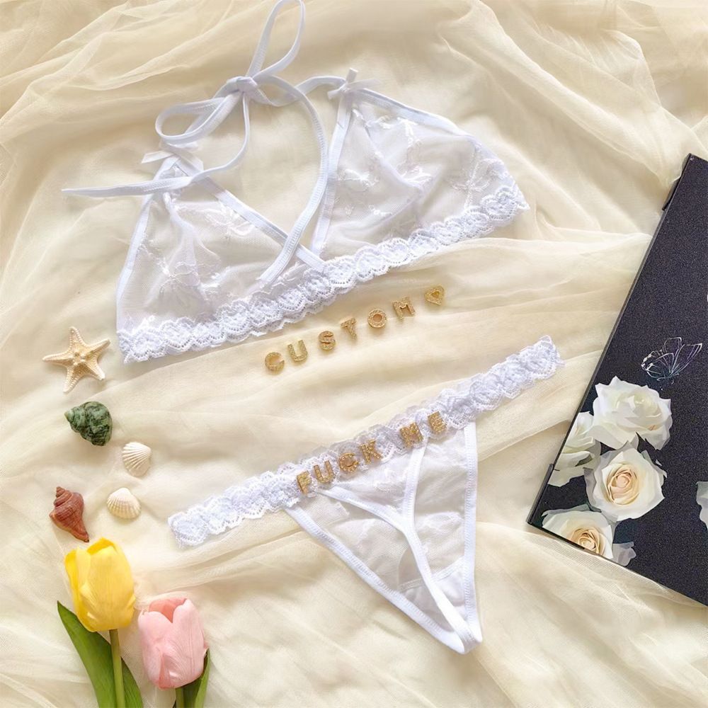 Custom Lace Underwear Set Lingerie And Thongs With Crystal Letter Name Lace Transparent Underwear Gift For Her - soufeeluk