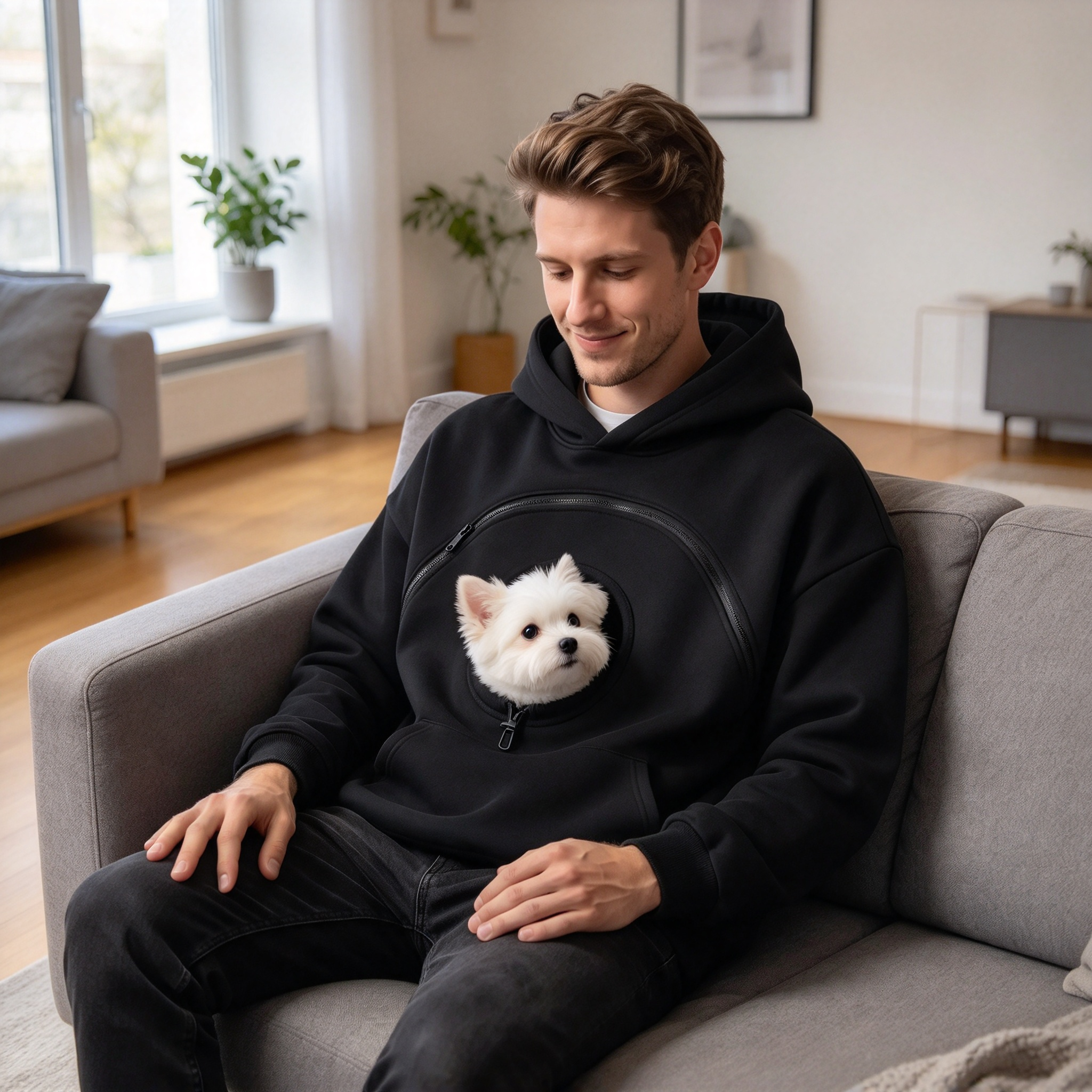 Unisex Cozy Pet Pouch Hoodie – Soft Sherpa Pullover with Built-In Cat & Dog Carrier Pocket, Warm Long Sleeve Sweatshirt for Hands-Free Pet Cuddles