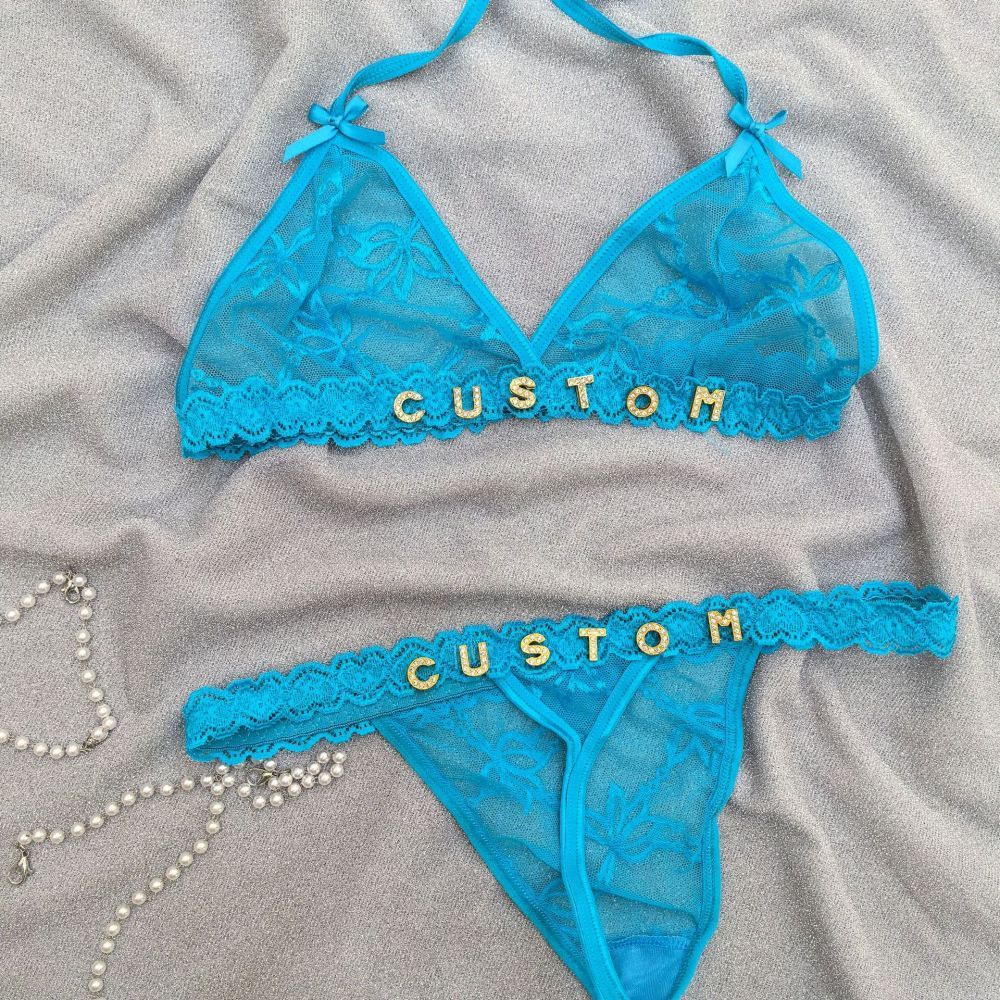 Custom Lace Underwear Set Lingerie And Thongs With Crystal Letter Name Lace Transparent Underwear Gift For Her - soufeeluk