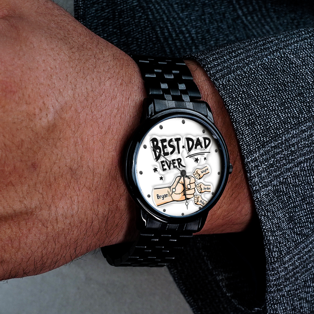 Custom Engraved Watch Men's Black Alloy Watch Holding Hands Bracelet Father's Day Gift for Dad - soufeeluk