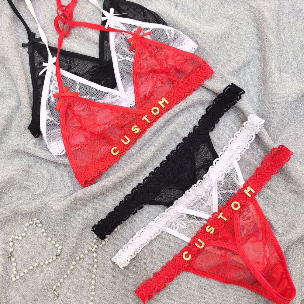 Custom Lace Underwear Set Lingerie And Thongs With Crystal Letter Name Lace Transparent Underwear Gift For Her - soufeeluk