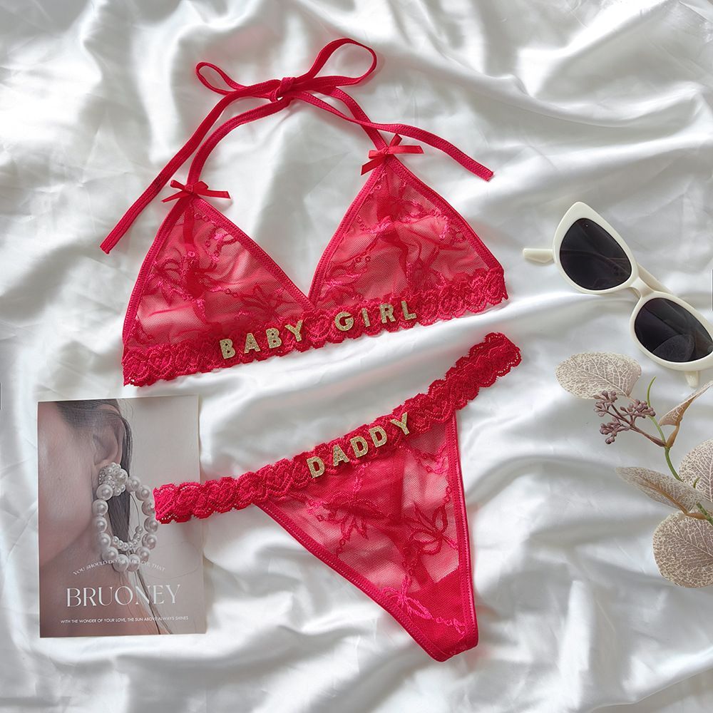 Custom Lace Underwear Set Lingerie And Thongs With Crystal Letter Name Lace Transparent Underwear Gift For Her - soufeeluk