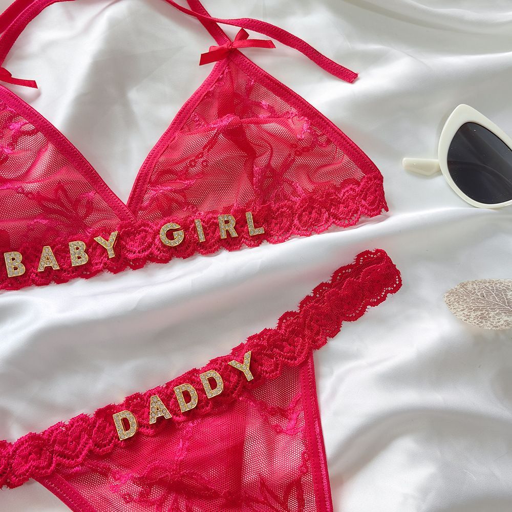 Custom Lace Underwear Set Lingerie And Thongs With Crystal Letter Name Lace Transparent Underwear Gift For Her - soufeeluk