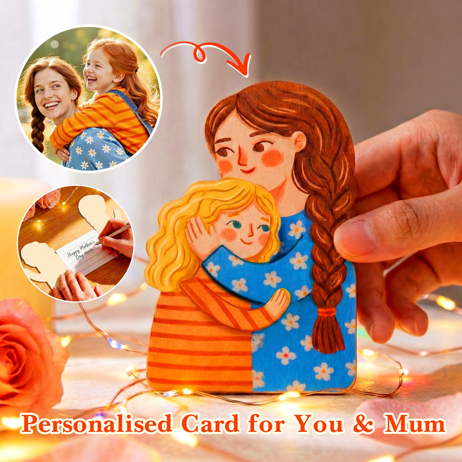 Personalized Hug Folding Greeting Card with Custom Cartoon Photo Mother’s Day Gift for Mum from Daughter or Son