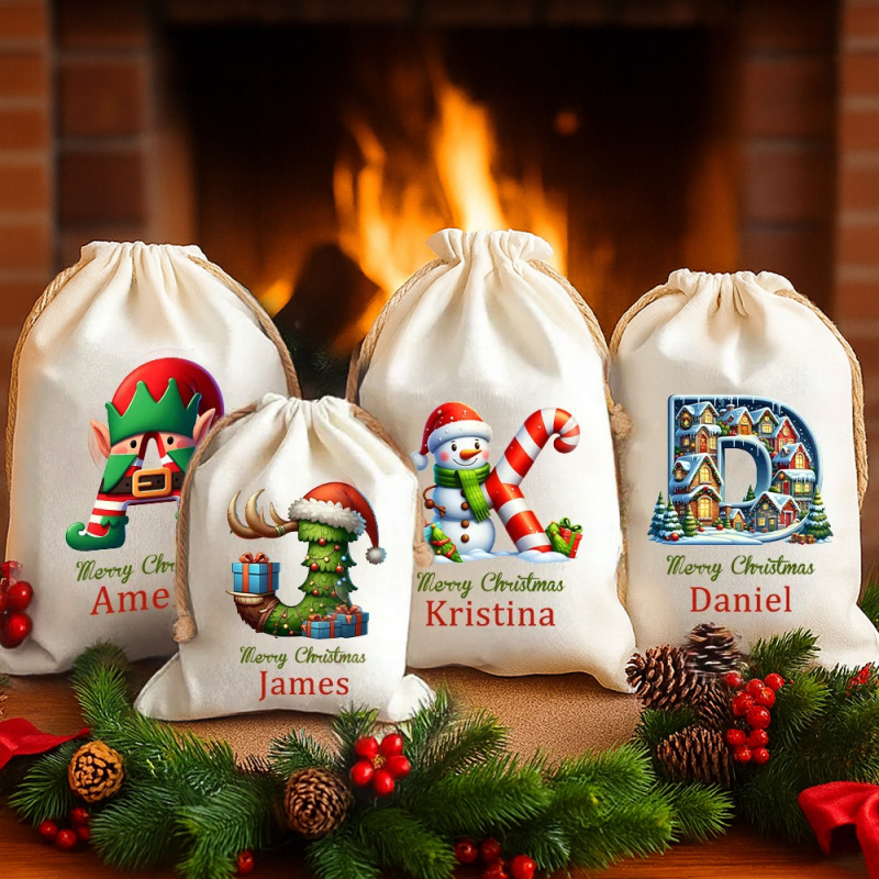 Custom Christmas Alphabet Canvas Gift Bag Tree Snowman Elf Igloo Drawstring Bag with Name Initial Favors Gift for Kids - soufeeluk