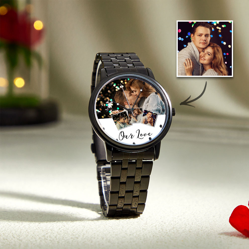 Personalized Engraved Photo Watch Men's Black Alloy Bracelet Photo Watch Valentine's Day Gifts To Boyfriend - soufeeluk