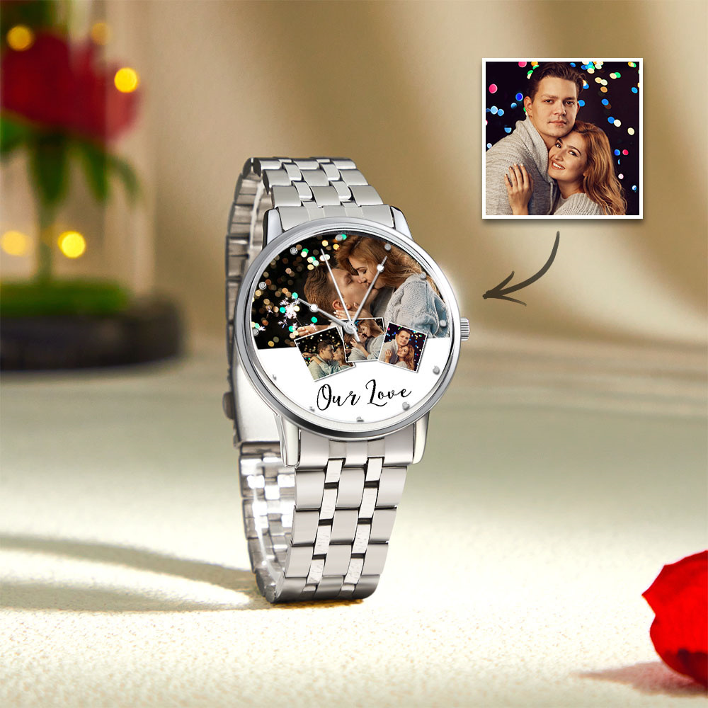 Personalized Engraved Photo Watch Men's Black Alloy Bracelet Photo Watch Valentine's Day Gifts To Boyfriend