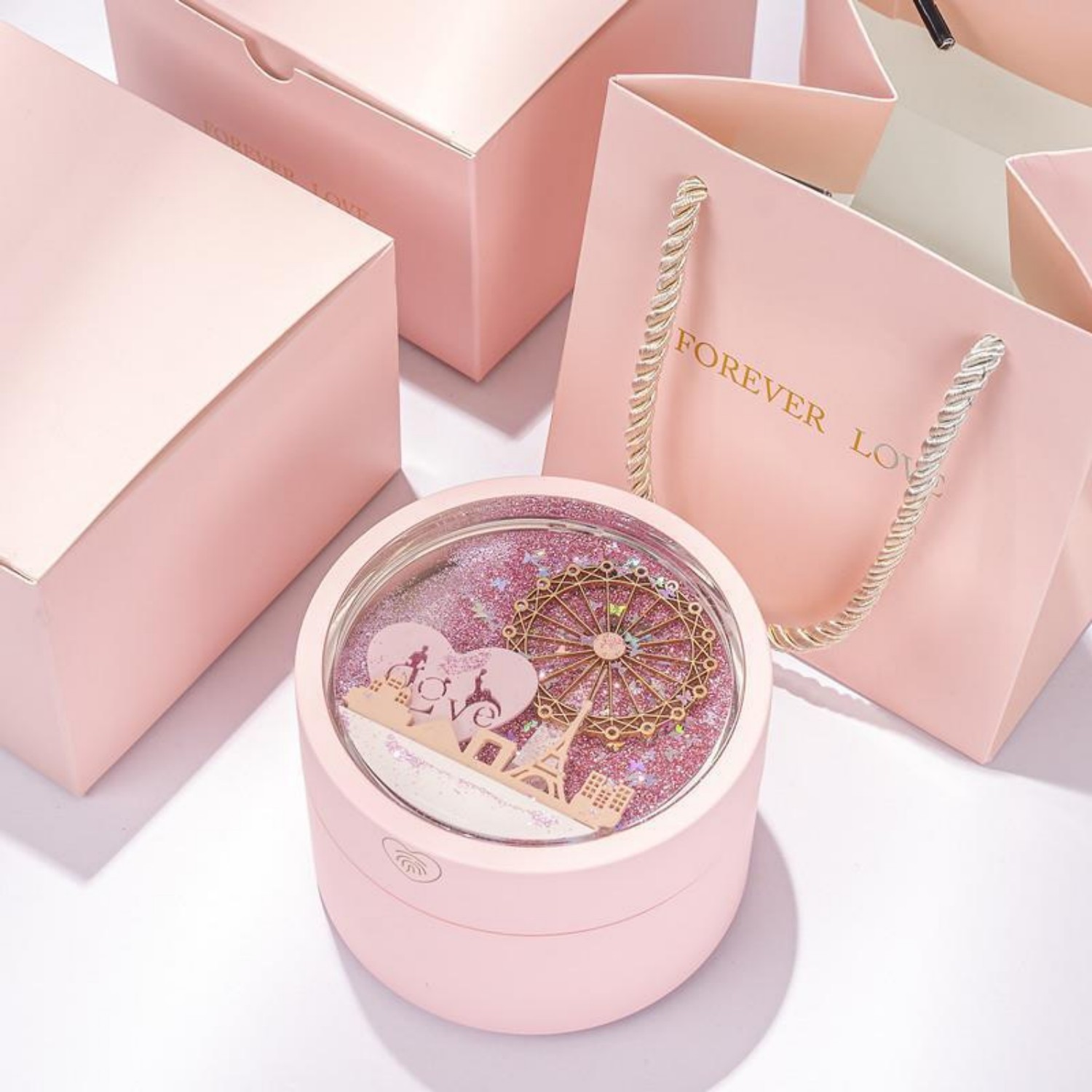 Necklace Pendant Box Jewelry Box Gift Boxes Single Neckline Box Pendant Wheel Round Jewelry Gift Case LED Light Clamshell Small for Proposal White & Pink - soufeeluk