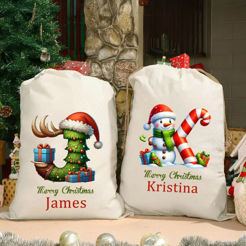 Custom Christmas Alphabet Canvas Gift Bag Tree Snowman Elf Igloo Drawstring Bag with Name Initial Favors Gift for Kids - soufeeluk