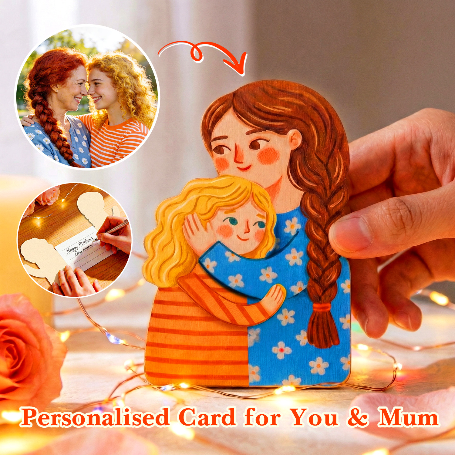 Personalized Hug Folding Greeting Card with Custom Cartoon Photo Mother’s Day Gift for Mum from Daughter or Son