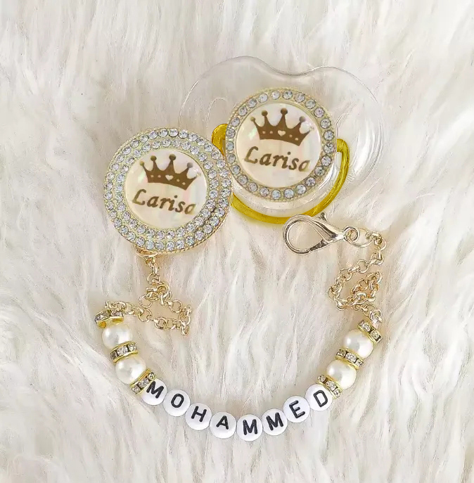 Custom Name Bling Gold Pacifier And Pacifier Clip Bpa Free Dummy Bling Unique Gift Baby Shower - soufeeluk